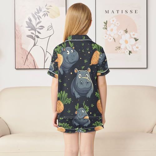 Satin Pajama Sets Short Sleeve Cute Cartoon Hippo with Carrots Button Down Silky Nightwear 2 Piece PJS 5-14Y4