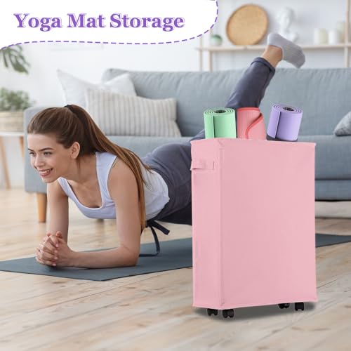 Image of 42L Slim Laundry Basket with Wheels, Rolling Laundry Hamper for Small Spaces, Collapsible 600D Oxford Dirty Clothes Basket with Brake & Handle, Narrow Laundry Basket for Dorm, Bathroom, Pink