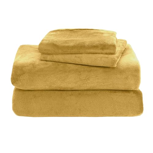 Elegant Comfort Luxuriously Soft 4-Piece Velvet Plush Flannel Sheet Set - Premium Quality - Cozy Warm, Anti-Static, Non Pilling Fuzzy Velvet Flannel Fleece Deep Pocket Sheet Set - Full, Gold