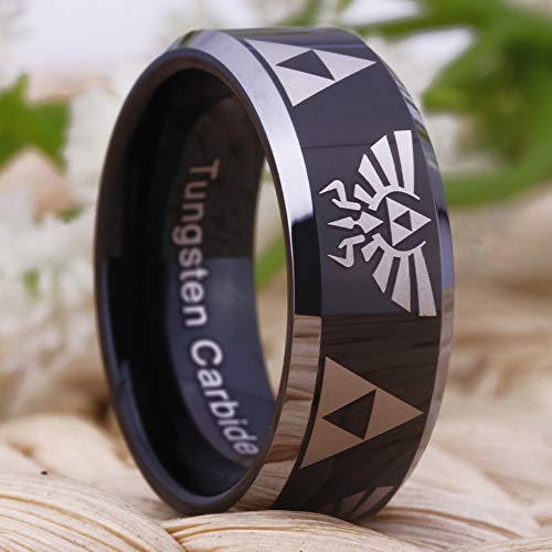 CLOUD DANCER Crest and Triforce Ring Game-Themed Laser Pattern Ring 8mm Width Black with Silver EdgeTungsten Carbide Wedding Bands Ring - FREE Custom Engraving4