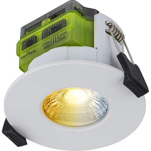 Luceco LED Flat Downlight with Power Change and 4 Colour Change Temperature Options (CCT), Fire Rated, Spotlight for Kitchen and Bathroom, FType MK2, White, IP65, 4W/6W, 750lm, 6000K-2700K, FTF6WCCT