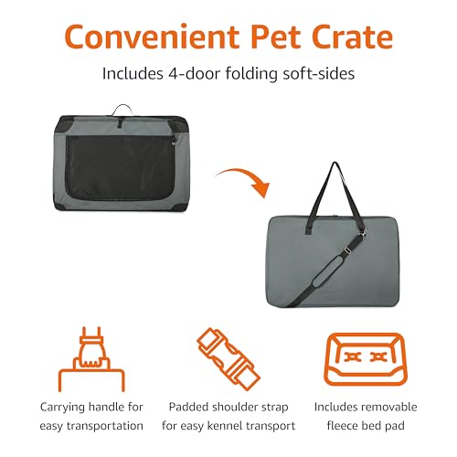 Amazon Basics 4-Door Portable Folding Soft Dog Crate, Collapsible Travel Kennel for Cat, Dog, and Other Small Animals, Pop Up with Easy Transportation, Grey, M 30" x 21" x 21" - Image 4