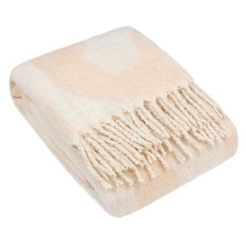 furn. Hoem Meta Abstract Jacquard Throw – Soft Faux Mohair Tasselled Design (Marshmallow – 130 x 180 cm)