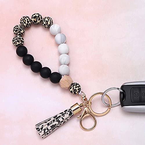 Image of BAOSIWA Silicone Key Ring Bracelet Wristlet Keychain Unique Beaded Bangle Key Chains for Women with Leather Tassel