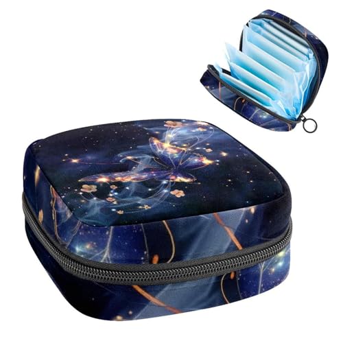 Sanitary Napkin Storage Bag for Feminine Pads, First Period Kit for Women, Purple Butterfly Flying in Sky Shiny Glowing Stars Portable Menstrual Period Sanitary Pouch