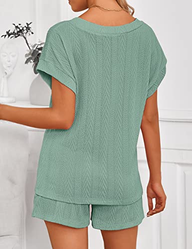 Merokeety Womens Casual 2 Piece Lounge Sets Short Sleeve Cable Knit Pajama Sets Sleepwear, Dustygreen, S #TOP3