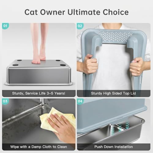 Image of WoofiGo Stainless Steel Cat Litter Box with Lid, XL Extra Large Metal Kitty Litter Box Enclosed for Big Cats, High Sided, Anti-Urine Leakage, Non-Stick Bottom, Include Litter Mat & Metal Scoop (Gray)