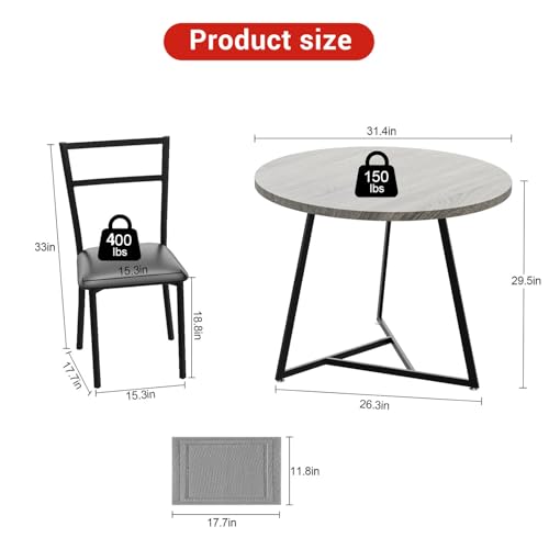 Garvee Dining Table Set for 2, Wooden Kitchen Table and Chairs of 2 with Upholstered Chairs, Round Kitchen Tables Set, 3 Piece Dining Room Table Sets for Small Space, Apartment, Rustic Gray by Garvee - Image 7