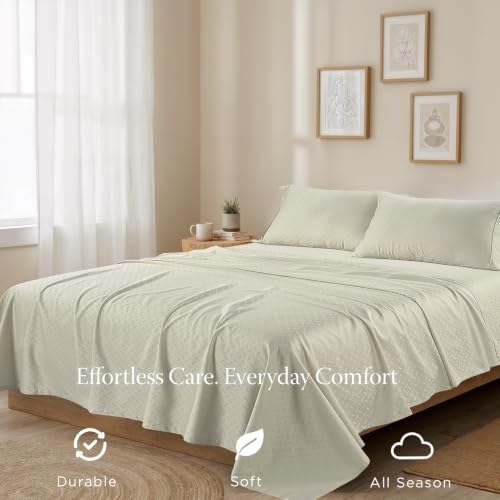 Image of Threadmill 300 Thread Count Cotton Full Sheet Set, Sateen, Jacquard, Ivory | 100% Cotton, Sateen Weave, Jacquard Pattern, 4-Piece Set, 16 inch Deep Pocket, Cooling, OEKO-TEX Certified, Machine Washable