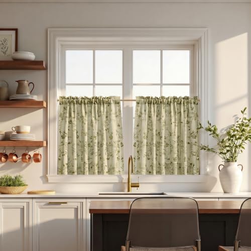 Image of TWOPAGES Rod Pocket Floral Print Cafe Curtains, Porcelain, 26W x 36L