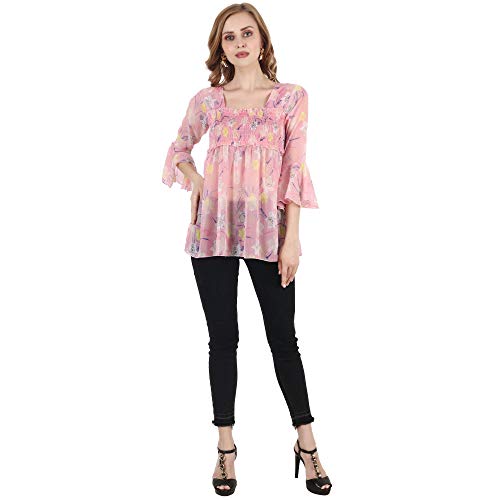 Image of POPWINGS Printed Chiffon Peplum Tops for Women || 3 /4th Sleeves Square Neck Women Tops for Summer || Stylish Western Smocking Women Tops