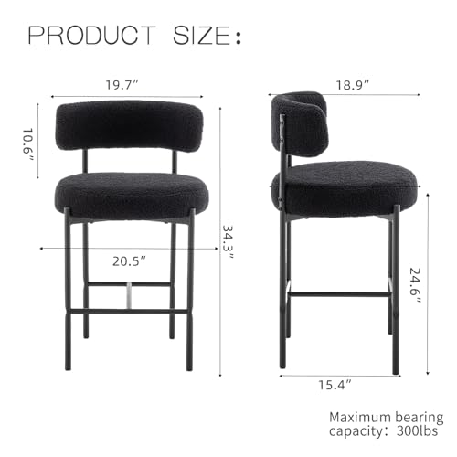 Butacos de altura para barra, set de 3 unidades, diseño moderno con respaldo curvo, tapizados en bouclé negro, para isla de cocina, comedor, café o pub miniatura 2
