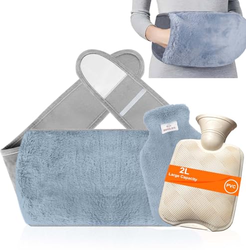 Bonilife Hot Water Bottle Belt 3in1, Fluffy Wrap Around Wearable Hot Water Bottle with Waist Cover, 2L PVC Hot Water Bottle Pouch, Warm Water Bag for Period, Hand Feet Back Legs Waist Pain Relief