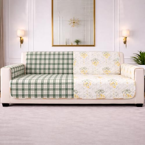 Image of STITCHNEST 'Double Vie Collection Series' Cotton Quilted Reversible Sofa Cover 1 Seater with Arm Rest and Pocket | Size 24x60 Inch