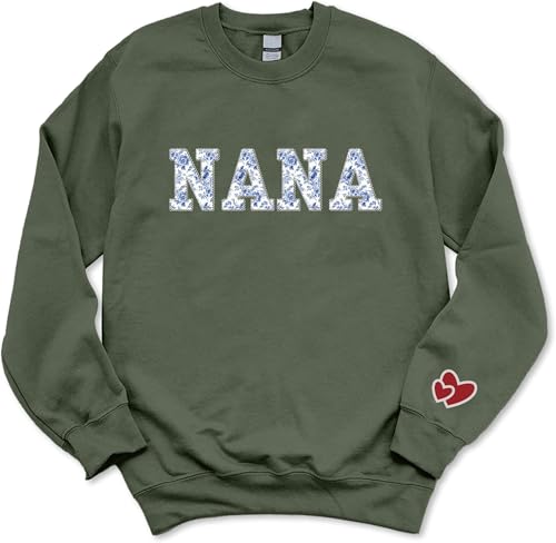 NAZENTI Embroidered Nana Chinoiserie Floral Applique Sweatshirt Mothers Day Sweatshirt Gifts for Mom Grandma on Christmas Embroidery Crewneck Mommy for Women Sweater Size M