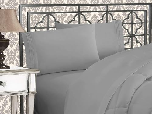 Elegant Comfort Luxurious 1500 Premium Hotel Quality Microfiber Three Line Embroidered Softest 5-Piece Bed Sheet Set, Wrinkle and Fade Resistant, Split King, Silver