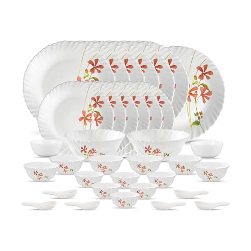 Image of La Opala Novo Collection Opal Glass Crockery | for Family of 6 | Dinner Set 35 pcs Coral Charm | Plates & Bowls for Dining | Microwave Safe | 100% Vegetarian | Extra Strong | Light & White