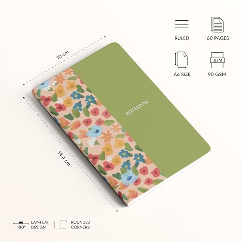 Image of FACTOR NOTES A6 Notebook (Wildflower & Olive) | Ruled, 160 Pages, 90 GSM Thick Paper | Cute Aesthetic Notebook for Women