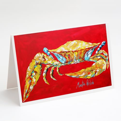 Caroline's Treasures Crab Blue on Red, Sr Greeting Cards Pack of 8 Blank Cards with Envelopes Whimsical A7 Size 5x7 Blank Note Cards