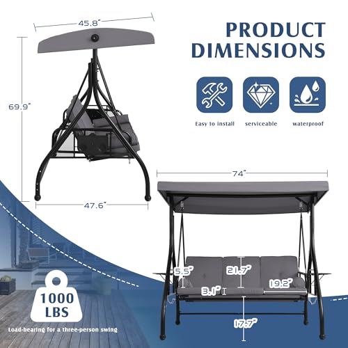 Image of Grepatio Outdoor Porch Swing with Canopy and Stand, 3 Person Patio Swing for Adults, Convertible 2 in 1 Porch Bed Swing with Cup Holder, 3 Seat Swings with 2 Pillow Cushions for Garden, Yard (Grey)