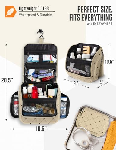 Image of VENTURE 4TH Hanging Travel Toiletry Bag, 17 Compartments - Beige Diamonds | Hangs on rails, hooks or doors; stands upright too. Removable TSA pouch. Water-resistant 900D Nylon, reinforced stitching.