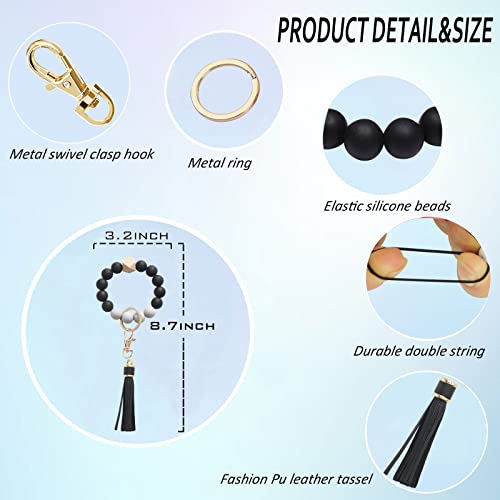 Alysha 2Pcs Silicone Beaded Bracelet Keychain, Key Ring Bangle Wristlet Keychain With Leather Tassel For Women/Girls (Black) #TOP4
