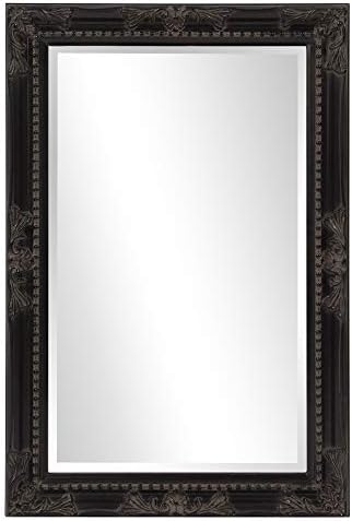Howard Elliott Queen Ann Rectangular Antique Black Wall Mirror, Rectangle Hanging Wood Framed Vanity Mirrors for Home Decor, Living Room, Bathroom, Bedroom, or Hallway, 24 x 36 Inch