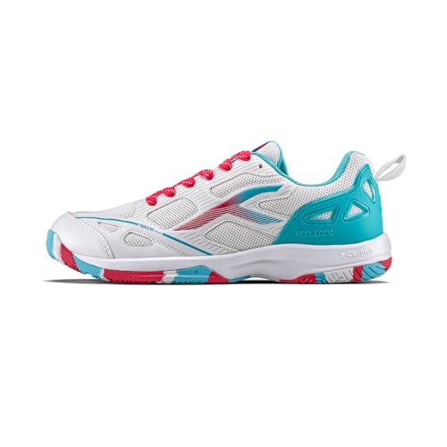 Image of Hundred Raze Pro II Badminton Shoes (Non Marking) Indoor Sports | Lightweight & Durable | X-Cushion | Active Grip Sole | Extended Heel Lock (White /Turquoise /Red ; UK 10)