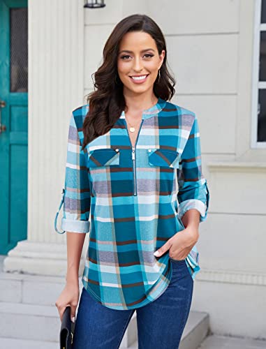 Image of Bulotus 3 /4 Length Sleeve Womens Striped Tops Zipper V Neck Collared Blouses Business Casual Tunics 2026 Spring Trendy