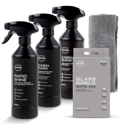 Nasiol Car Nano Protection Package Basic - Advantage Set - Car Care Set (Rain Repellent, Ceramic Coating, Plastic Surface Protection, Fabric Surface Protection, Microfiber Cloth)