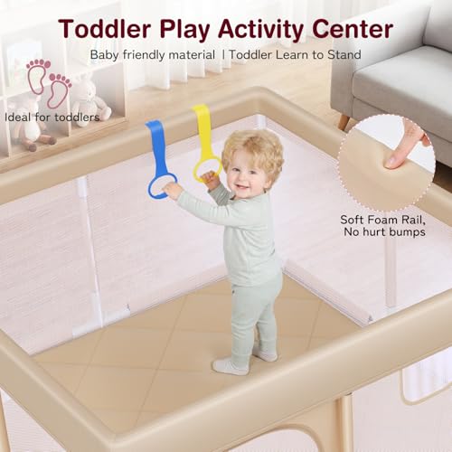 Image of Kidirect Baby Playpen with Play Mat 47x47 - Small Playpen for Babies & Toddlers, Activity Center, Indoor Outdoor, Beige