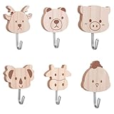 HJZHII 6 Stück Süße Tier Kleiderhaken, Selbstklebende Hölzerne Tier Cartoon Wandhaken Hirsch Huhn Bär Koala Schwein Kalb Garderobenhaken Kinder Für Schlafzimmer Badezimmer Küche