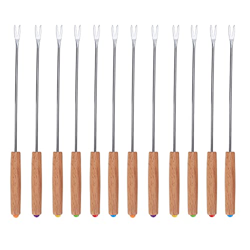 Grillgabel aus rostfreiem Edelstahl, 12 teiliges Edelstahl Barbecue Gabel Spieß Set mit Holzgriff, Tragbar Stockbrot Stöcke Roasting Sticks Schaschlikspieße für BBQ, Camping Grill