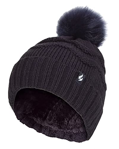 HEAT HOLDERS Damen-Winter-Pelz-Mütze Zickzack gemusterte Bommelmütze | Bommelmütze mit Thermomanschette für Damen (Einheitsgröße, Marine)