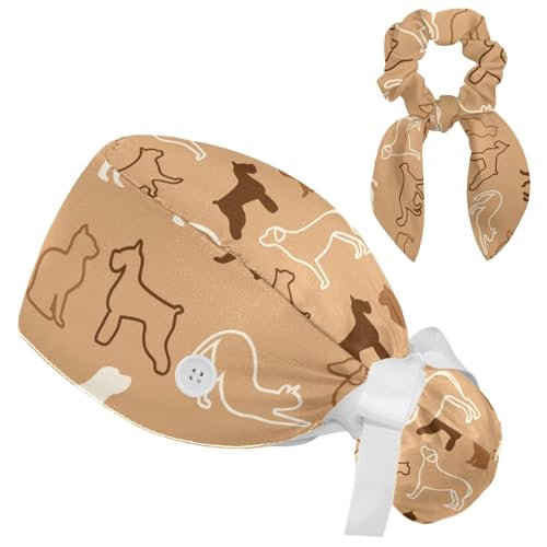 Dogs Animals Scrub Caps Women Nurse Surgical Hat with Buttons Ponytail Holder Working Adjustable Pouch Tie Back