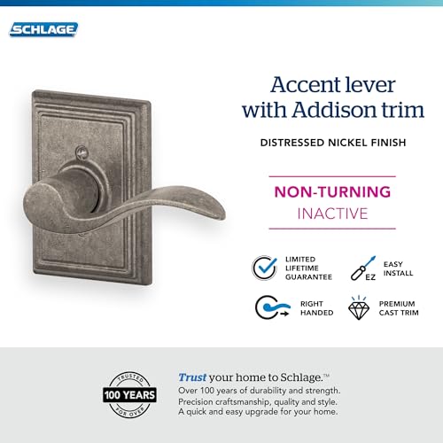 Image of SCHLAGE Accent Lever with Addison Trim Non-Turning Lock in Distressed Nickel - Right Handed - F170 ACC 621 ADD RH