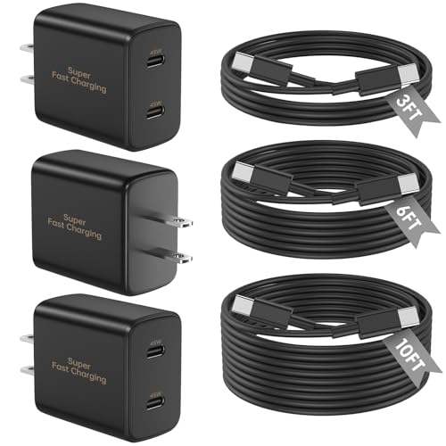 Image of 45W 3Pack Black Super Fast Charger USB C Dual Port Charger Type C Fast Charging Block with 60W [3FT+6FT+10FT] USB C to USB C Charger Cord for Galaxy S26 /S25 /S24,for iPhone 17 /16 /15,for iPad and More