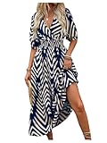 SweatyRocks Women's Summer Half Sleeve Wrap V Neck Smocked A Line Midi Dress Blue Medium