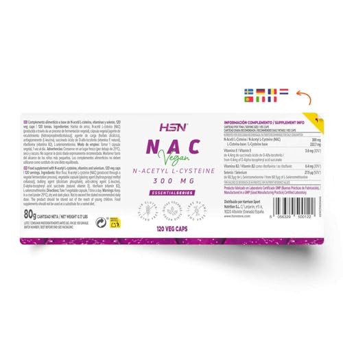 Miniatura 2 de Hsn Nac N-Acetil-L-Cisteína 300 Mg 120 Cápsulas Vegetales Fórmula Enriquecida Con Vitamina E, Riboflavina Y Selenio No-Gmo, Vegano, Sin Gluten