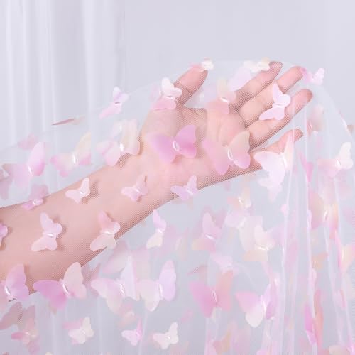 3D Butterfly Lace Fabric 1 Yard Gradient Pink Mesh Tulle Fabric for DIY Tutu Skirt Dress Hair Bows Gift Wrapping Sewing Crafting
