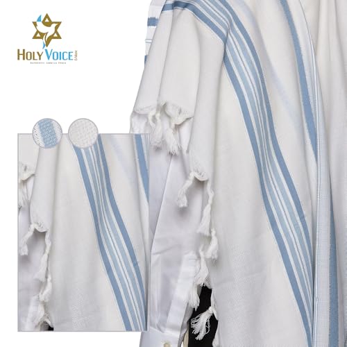 Image of HOLY VOICE 100% Wool Tallit Prayer Shawl Kosher Certified White with Stripes for Men, Made in Israel w / 100% Wool Tzitzit