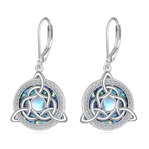 Celtic Moonstone Earrings for Women 925 Sterling Silver Trinity Knot Dangle Drop Leverback Earrings Irish Jewelry Gifts for Girls