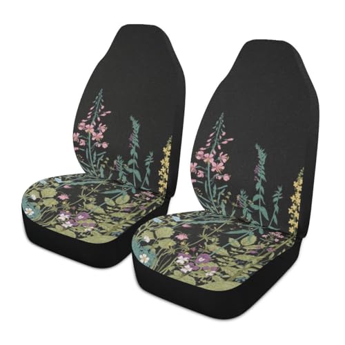 YINGQIGUAN 2 PCS Vintage Wildflower Car Seat Covers Retro Botanical Floral Flower Plant Herbs Sage Green Leaves Vehicle Seat Protector Cushion Cover Universal Car Accessories for SUV Truck Sedan