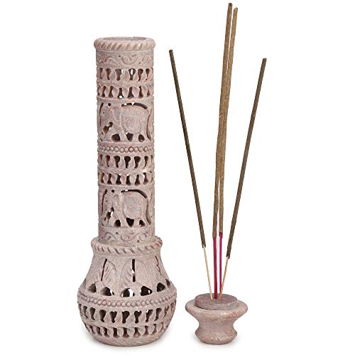Elephant Carving Agarbatti Stand | Soapstone Hand-Carved Bottle Shape Incense Burner Holder | Ash Catcher for Incense Sticks | Spiritual Decor & Gift for Puja Room (3 x 3 x 10.5 Inches)