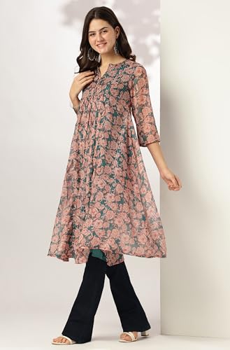 Image of Janasya Women's Chiffon Floral Relaxed Kurta