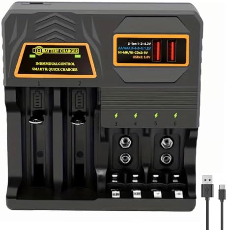 Universal Adjustable 18650 Battery Charger,6 Slot Smart Charger for 3.7V Lithium ion 21700 AA AAA 9V 16340 14500 Ni-MH/Ni-Cd Batteries with LCD Display Type C Charger