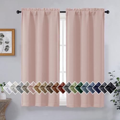Image of Blush Pink Short Blackout Curtains for Bedroom 45 Inches Long 2 Panels, Thermal Insulated Room Darkening Curtains for Living Room, Dual Rod Pocket Blackout Drapes, 2x40Wx45L Inches