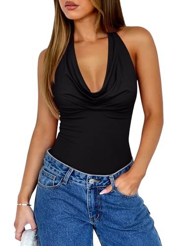REORIA Womens Sexy Trendy Halter Cowl Neck Backless Body Suits Summer Open Back Double Lined Bodysuit Tank Tops Black Medium