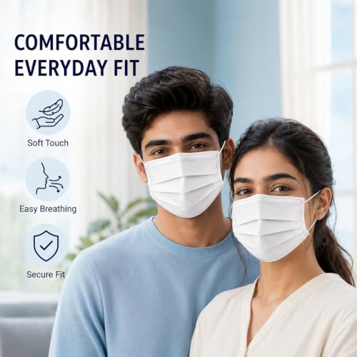 Image of Pack of 100 Disposable 3-Ply Face Mask | Soft on Skin | With Elastic Earloops and Nose Clip | Great For Office, School, Home, Kitchen and Outdoors | Unisex