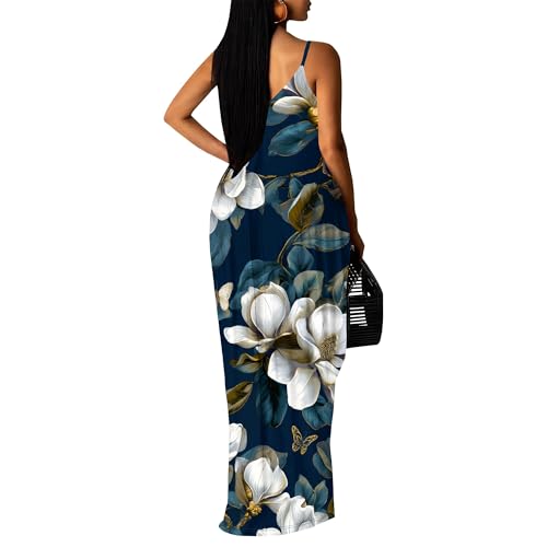 Image of Women's Summer Maxi Dress Spaghetti Strap Floral Boho Beach Long Sundress with Pockets